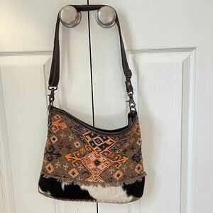 Myra *Cowhide Tapestry* Crossbody Bag | Zip Closure | Adjustable Strap | EUC
